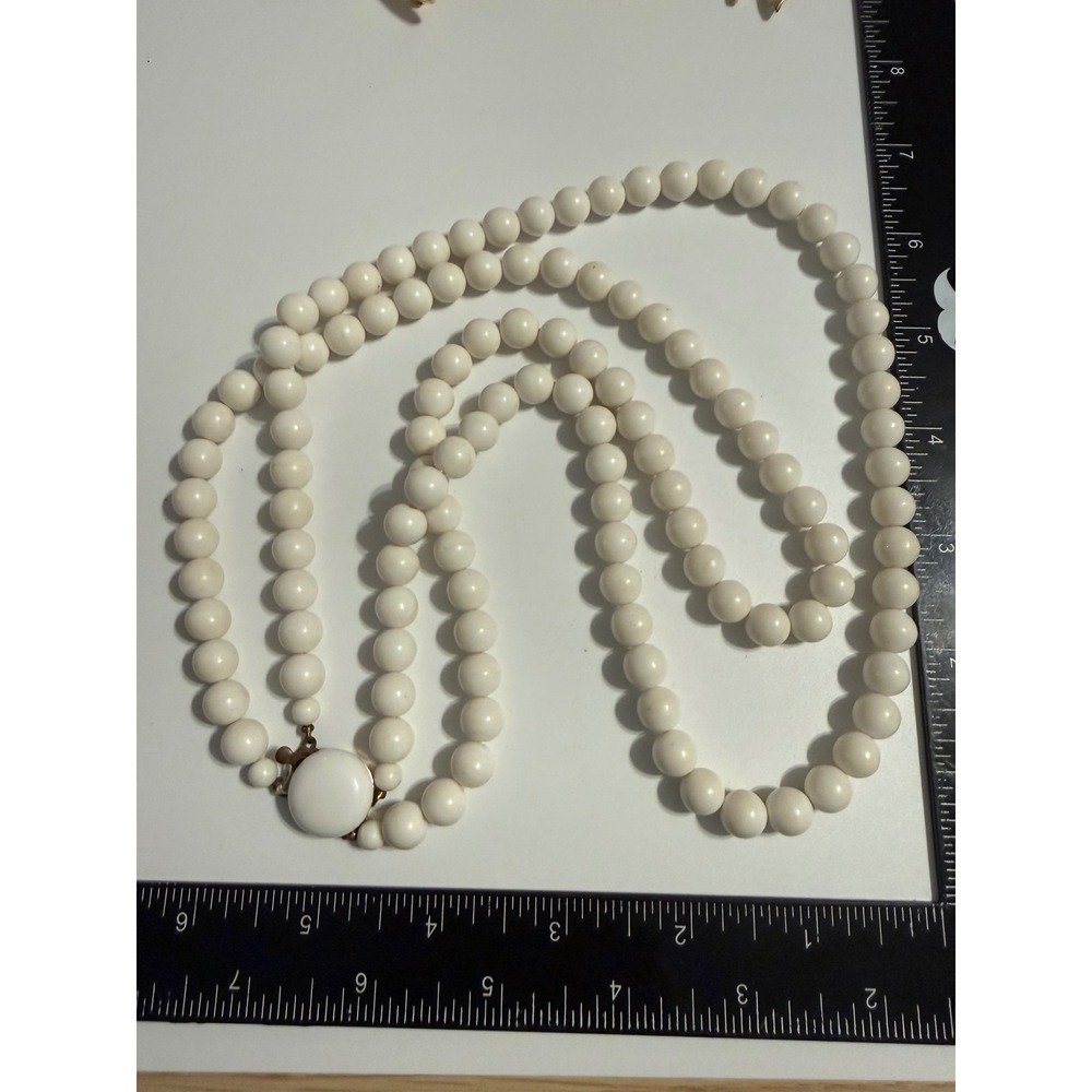 Vintage Japan Milk Glass Bead Necklace Double Strand White Graduated Mid Century